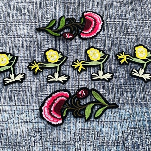 6 Iron On Patches Red and Yellow Flowers Patches for Craft Cloth Embroidery - Picture 5 of 9